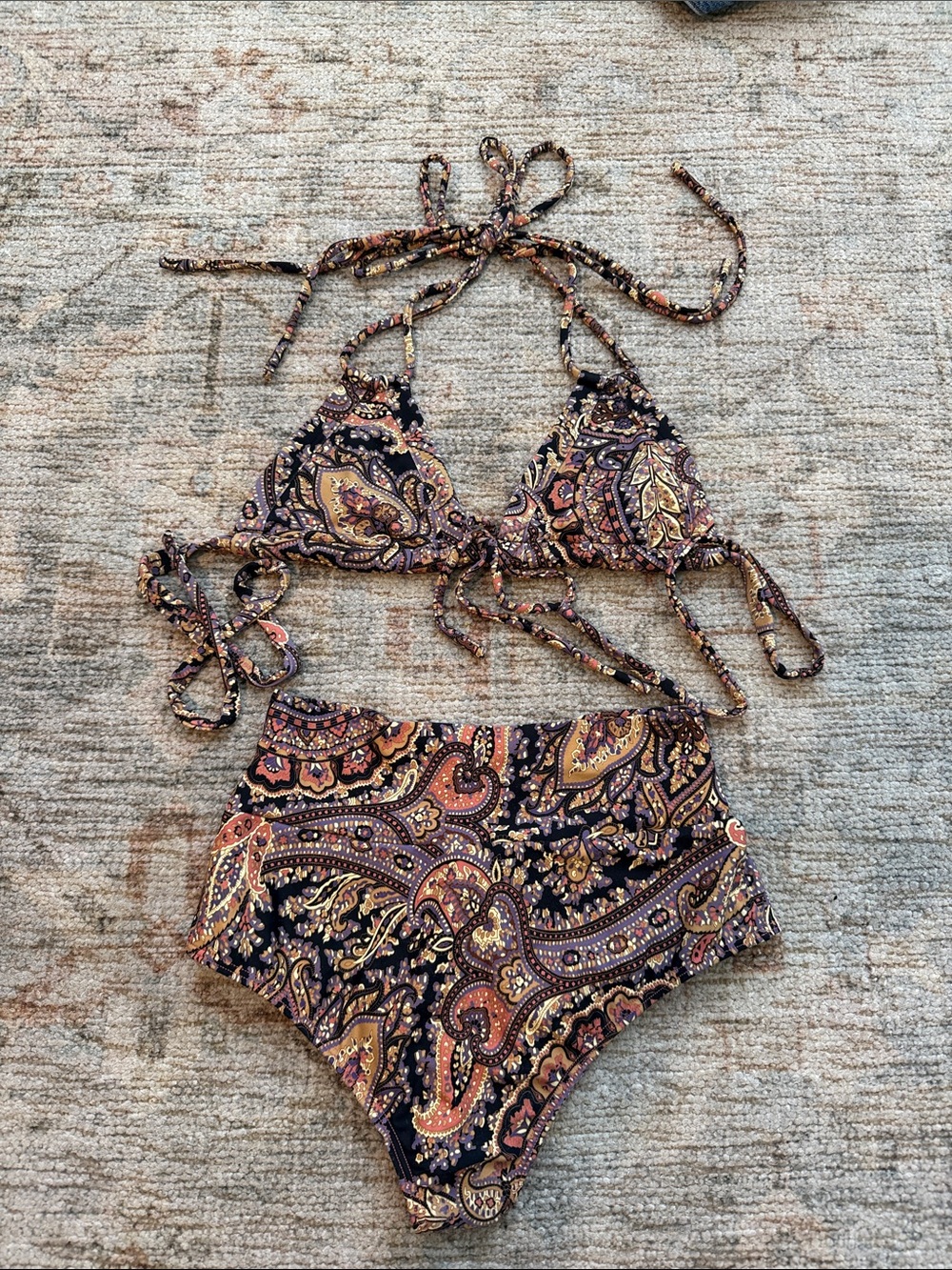 Montce Paisley Print High-Waist Triangle Bikini in Black, Brown, Gold